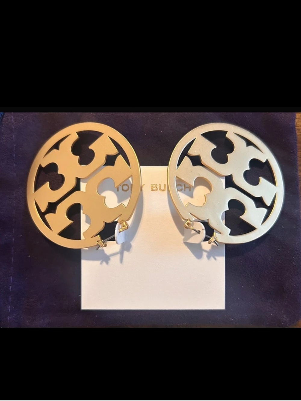 Tory Burch Gold Logo Hoop Earrings 2” Cutout Statement - Picture 3 of 5